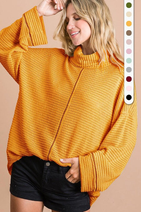 Mustard Popcorn Waffle Turtle Neck Top