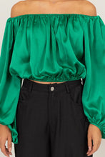 Green Off-Shoulder Satin Balloon Sleeve Top