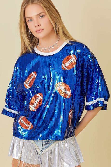 Royal Blue Game day Sequin Foot Ball Flocking Crop Top