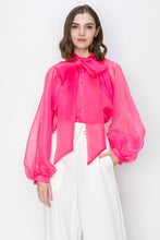 Barbie Pink Sheer Organza Bow Long Sleeve Blouse Top