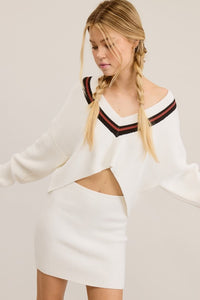 Ivory Preppy Two-Piece Contrast Stripe Knit Set