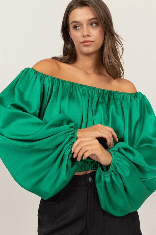 Green Off-Shoulder Satin Balloon Sleeve Top