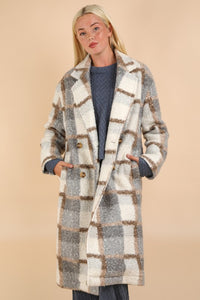 Gray Mix Oversized Plaid Soft Fuzzy Button Down Long Coat