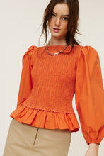 Orange Ruched Peplum Hem Blouse With Puff Sleeves