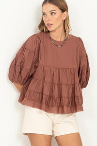 Brown Simply Beautiful Elbow Sleeve Tiered Top