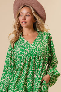 Green/Cream Woven Printed Dress With Side Pocket