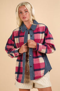 Pink Mix Textured Denim Contrast Plaid Shacket Jacket