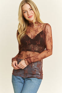 Brown Mesh Lace High Neck Design Long Sleeve Fitted Top