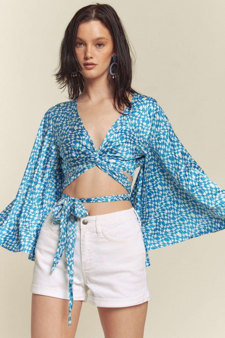 Blue Kimono Sleeve Multi Tie Top