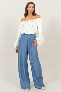 Off White Off-Shoulder Satin Balloon Sleeve Top