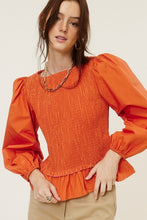 Orange Ruched Peplum Hem Blouse With Puff Sleeves