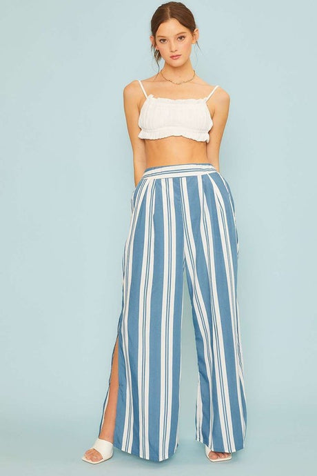 Blue Back Smoking Waist Side Pockets Stripe Silt Pants