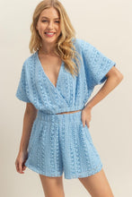 Blue Set-Vneck Crochet Crop Top And Shorts Set