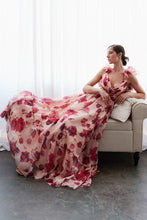 Apricot Organza Ruffle Shoulders Floral Tulle Maxi Dress