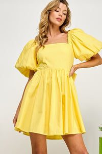 Yellow Puffled Balloon Sleeve Tie Back Dress