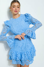 Skyblue Lace Ruffled Long Sleeve Tiered Mini Dress