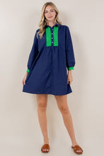 Navy Contrast Long Sleeve Collared Tunic Dress