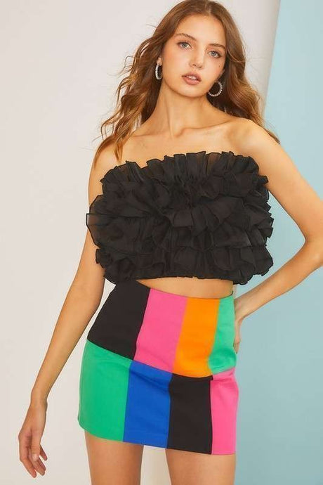 Black Side Zipper Tier Ruffle Tube Top