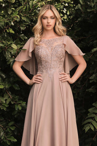 Mocha A-Line Chiffon Gown With Caplet