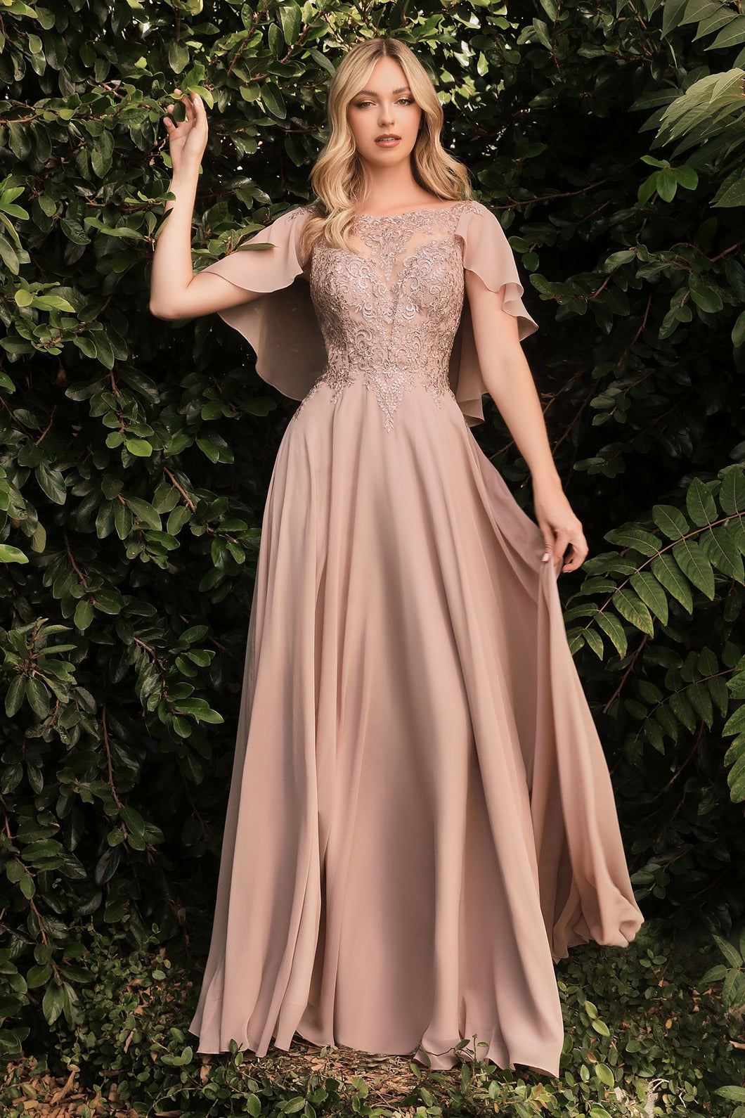 Mocha A-Line Chiffon Gown With Caplet