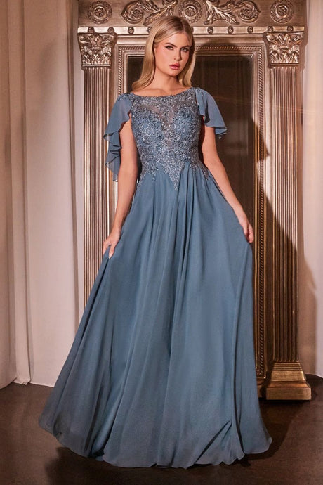 Smoky Blue A-Line Chiffon Gown With Caplet