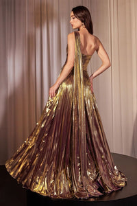 Gold One Shoulder Metallic Pleated A-Line Dress