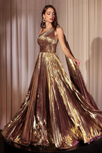 Gold One Shoulder Metallic Pleated A-Line Dress