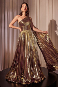 Gold One Shoulder Metallic Pleated A-Line Dress