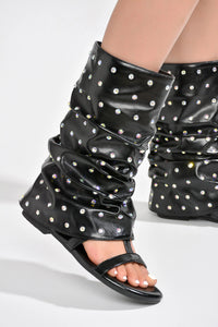 Black Rhinestone Legging Boots Flat Sandals