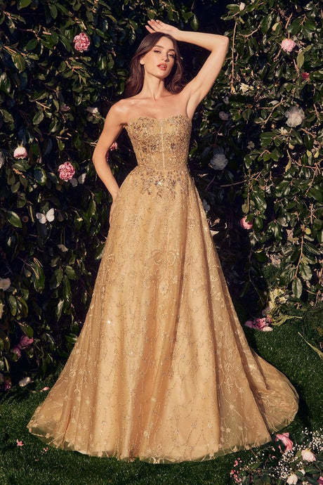 Gold Strapless Embroidered Ball Gown With Removable Jacket