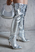 Silver Women Pointy Toe Stiletto Thigh High Boots