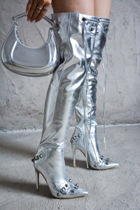 Silver Women Pointy Toe Stiletto Thigh High Boots