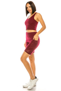 Burgundy Crop Tank Top Biker Short Set