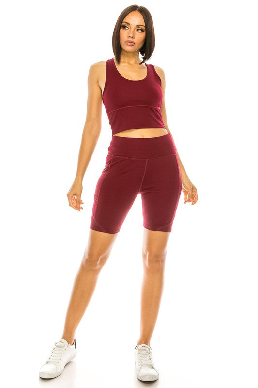 Burgundy Crop Tank Top Biker Short Set