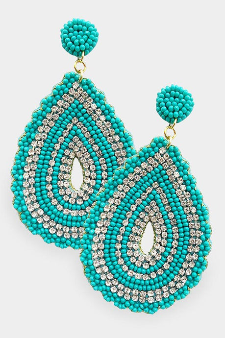 Light Blue Rhinestone Seed Beaded Teardrop Earrings