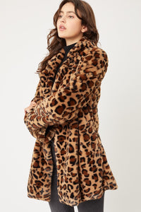 Brown Leopard Print Notch Collar Faux Fur Teddy Coat