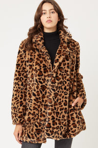 Brown Leopard Print Notch Collar Faux Fur Teddy Coat