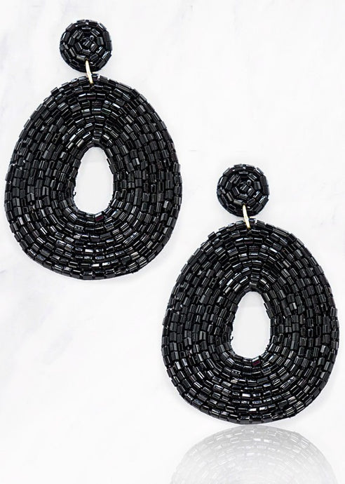 Black Bead Flat Doughnut Shape Earrings