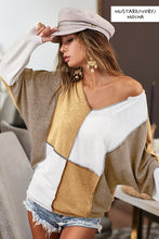 Mustard/Ivory/Mocha Slub French Terry Knit Color Block V Neck Top