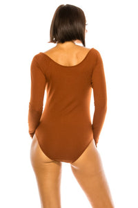 Brown Ribbed Long Sleeve Button-up Bodysuit