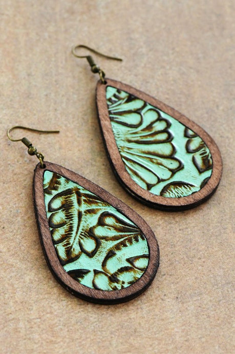 Boho Teardrop Wood Earrings with Embossed Leather