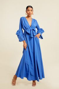 Blue V Neck Tie Up Maxi Dress