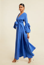 Blue V Neck Tie Up Maxi Dress