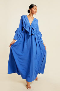 Blue V Neck Tie Up Maxi Dress