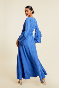 Blue V Neck Tie Up Maxi Dress