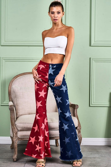 Red/Navy Star Print Bell Bottom Denim Pants