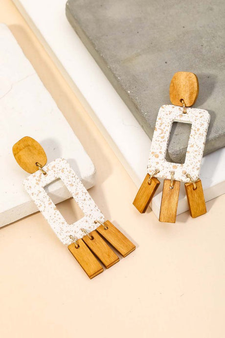 White Wooden Rectangle Fringe Drop Earring