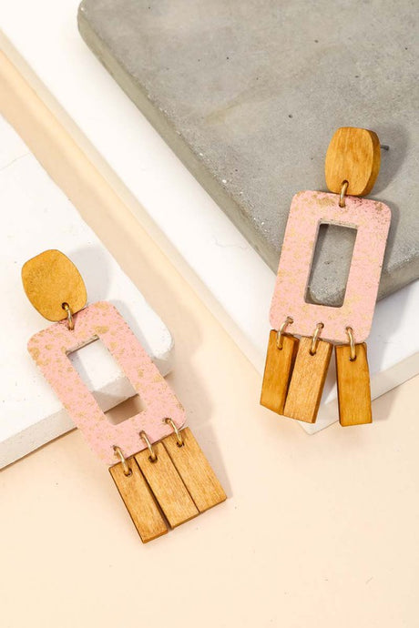 Pink Wooden Rectangle Fringe Drop Earring