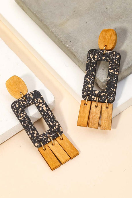 Black Wooden Rectangle Fringe Drop Earring