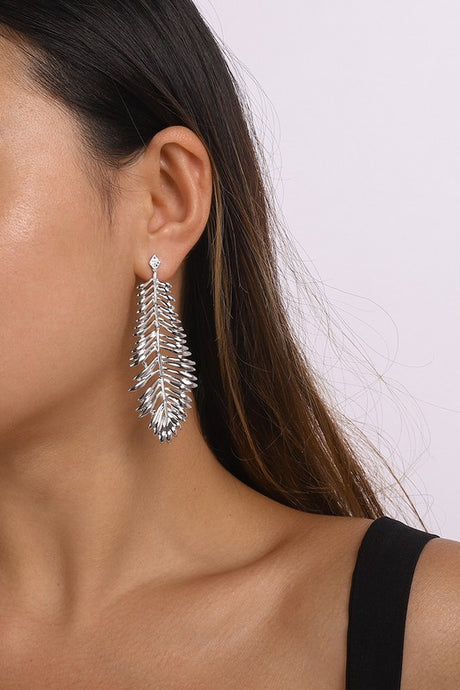 Silver Leaf Long Drop Earrings